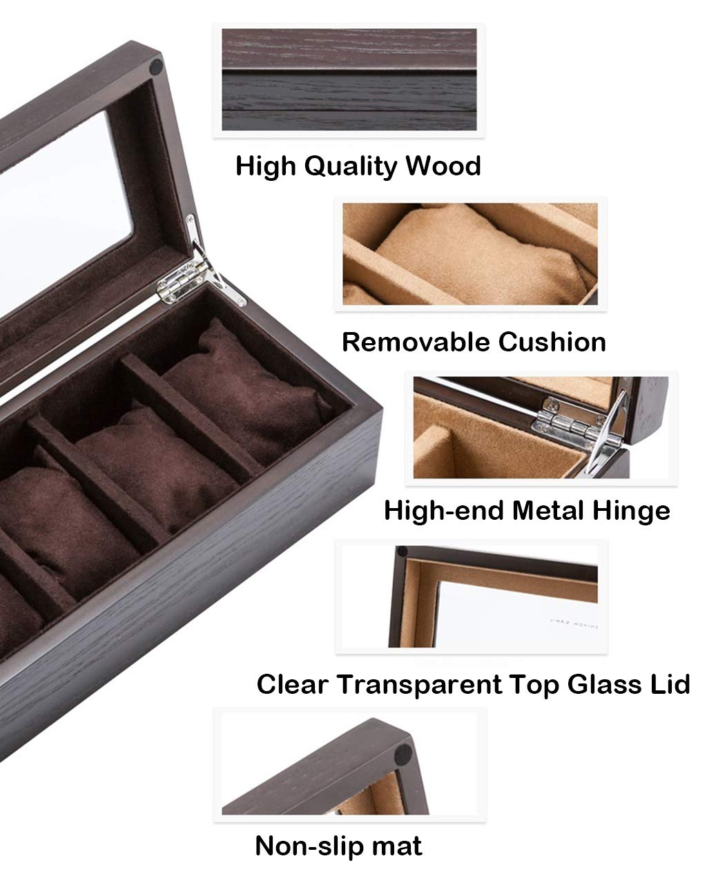 Boîte à Montres Présentoir de Bijoux Collection d'objets de Rangement Organisateur de casiers Plateau en Bois 5 Grille avec Doublure en Velours, Fermoir en métal