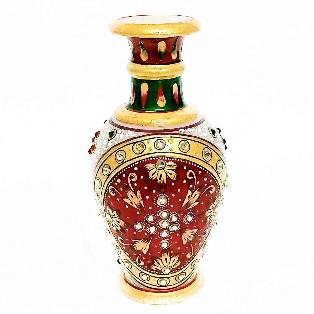 Handicraft Kingdom Marble Flower Pots for Home Décorative| Beautiful Meenakari Work Handmade Designer Vase| Round Shape Gold Embossed Showpiece| Approx Size (6 inch) & Wt (335 gm) Pack of 1-image-5