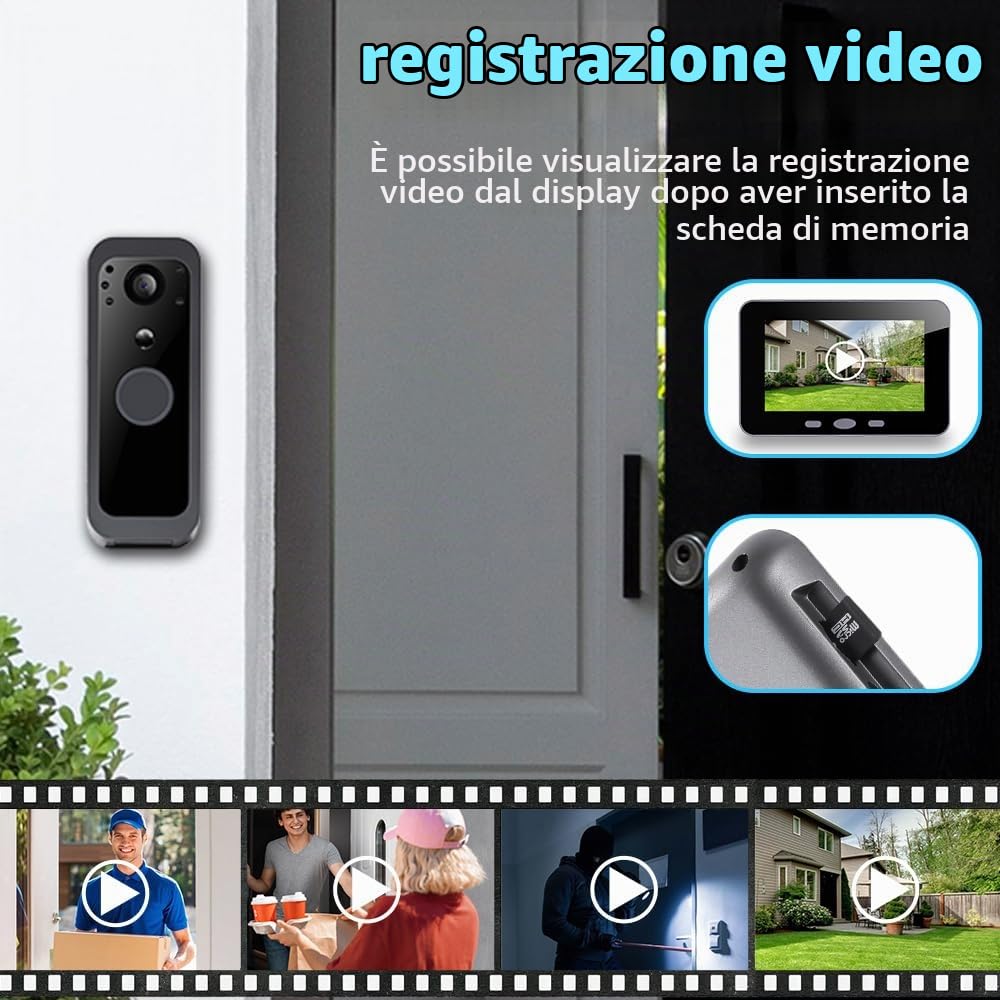 300VK Senza Fili del Citofono Video del Campanello con Schermo a 4.3 Pollici, Spioncino1080P con Scheda di Memoria 32GB, Rilevamento del Movimento, Audio Bidirezionale, Impermeabile