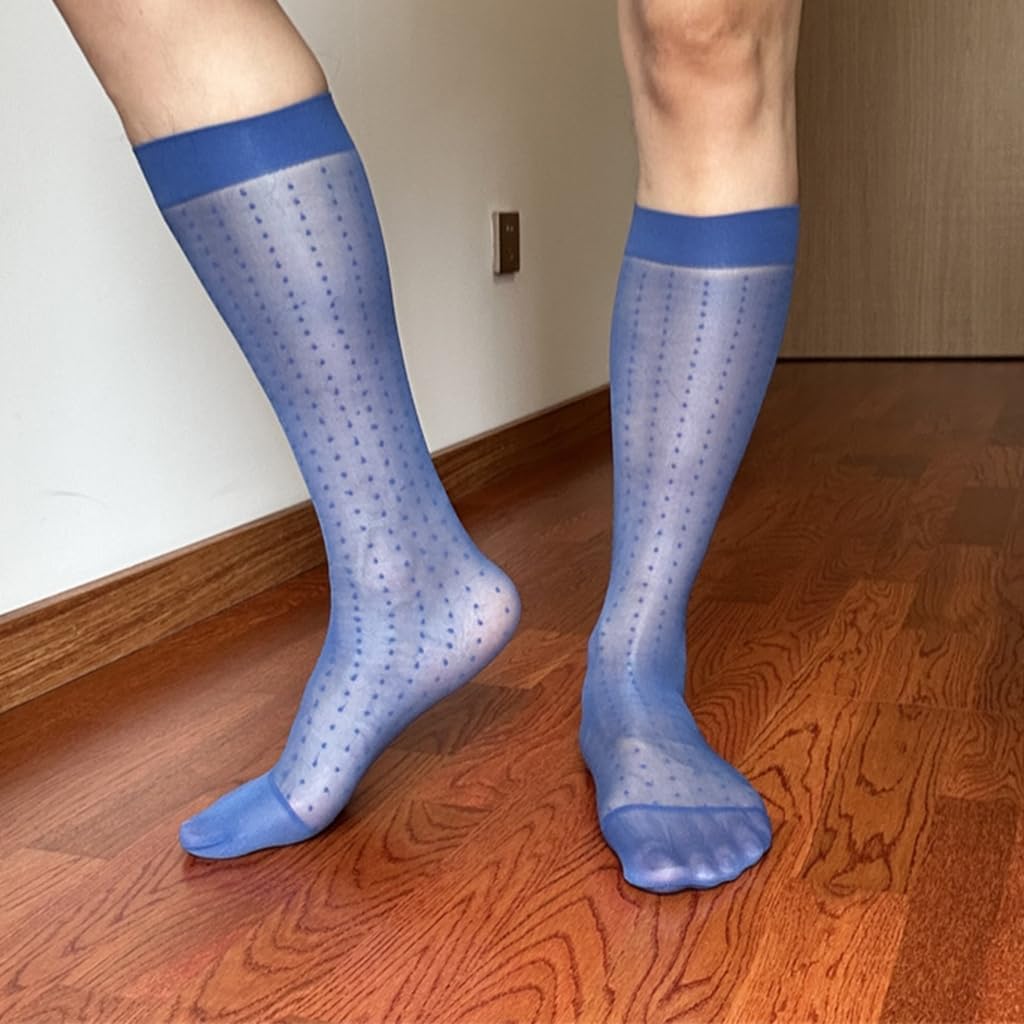Super Thin Transparent Men's Sheer Socks Dot Patterned Long Tube Stockings for Formal Event with Breathable Nylon