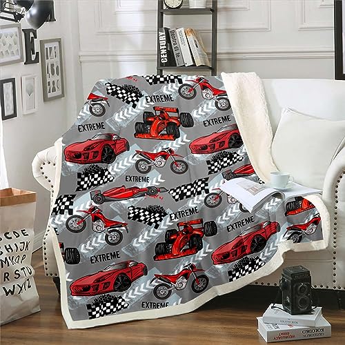 Erosebridal Red Racing Car Blanket for Boys Cartoon Dirt Bike Throw Blanket for Bed, Extreme Sports Fleece Blanket Grey Red Gray Black Sherpa Blanket, Sports Car Race Car Fuzzy Blanket