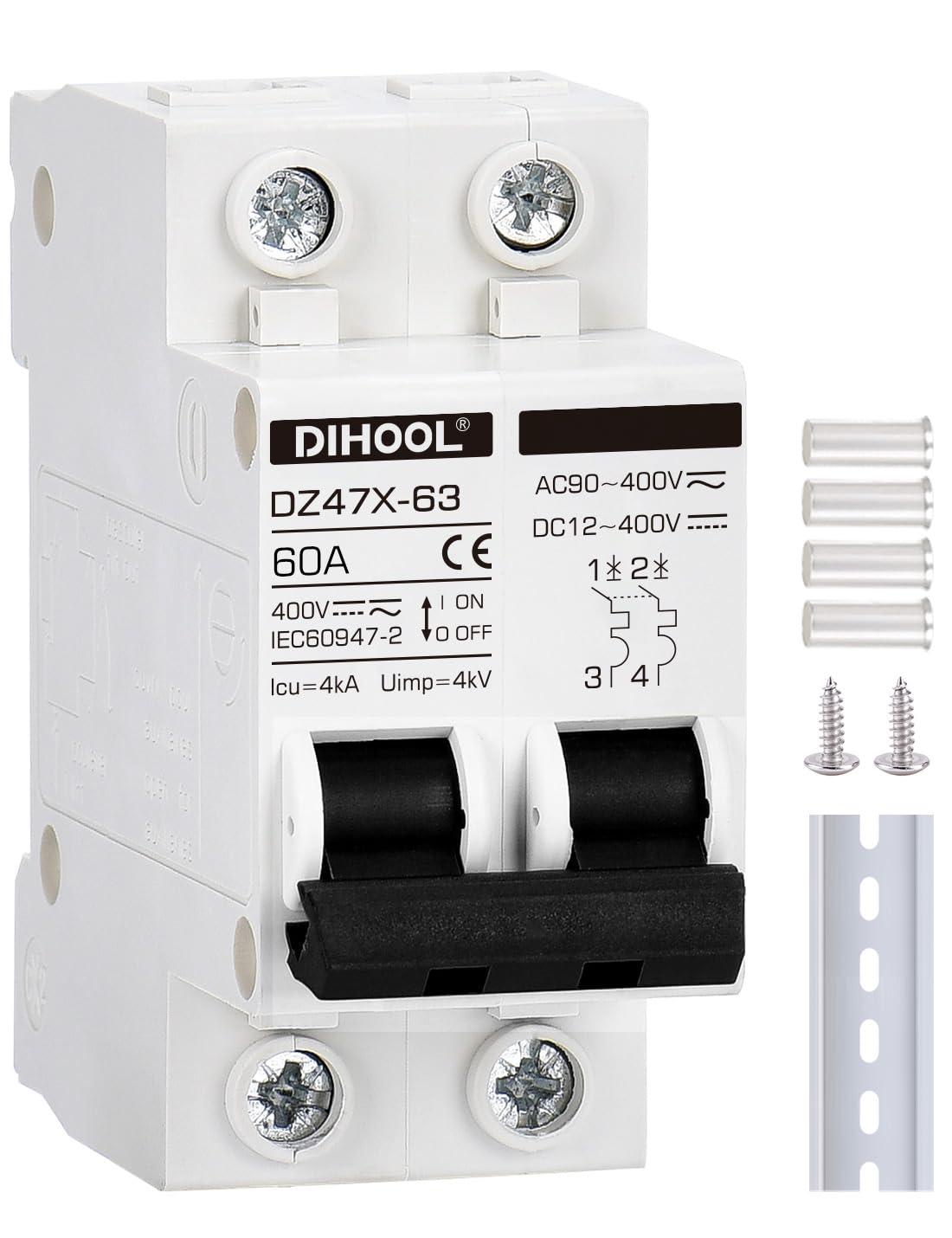 DIHOOL Solar Disconnect Switch, 60 Amp 2 Pole, DIN Rail Mount, Non Polarized, 12V 24V 48V 400V, AC/DC Circuit Breaker, RV Battery Isolator, PV Array