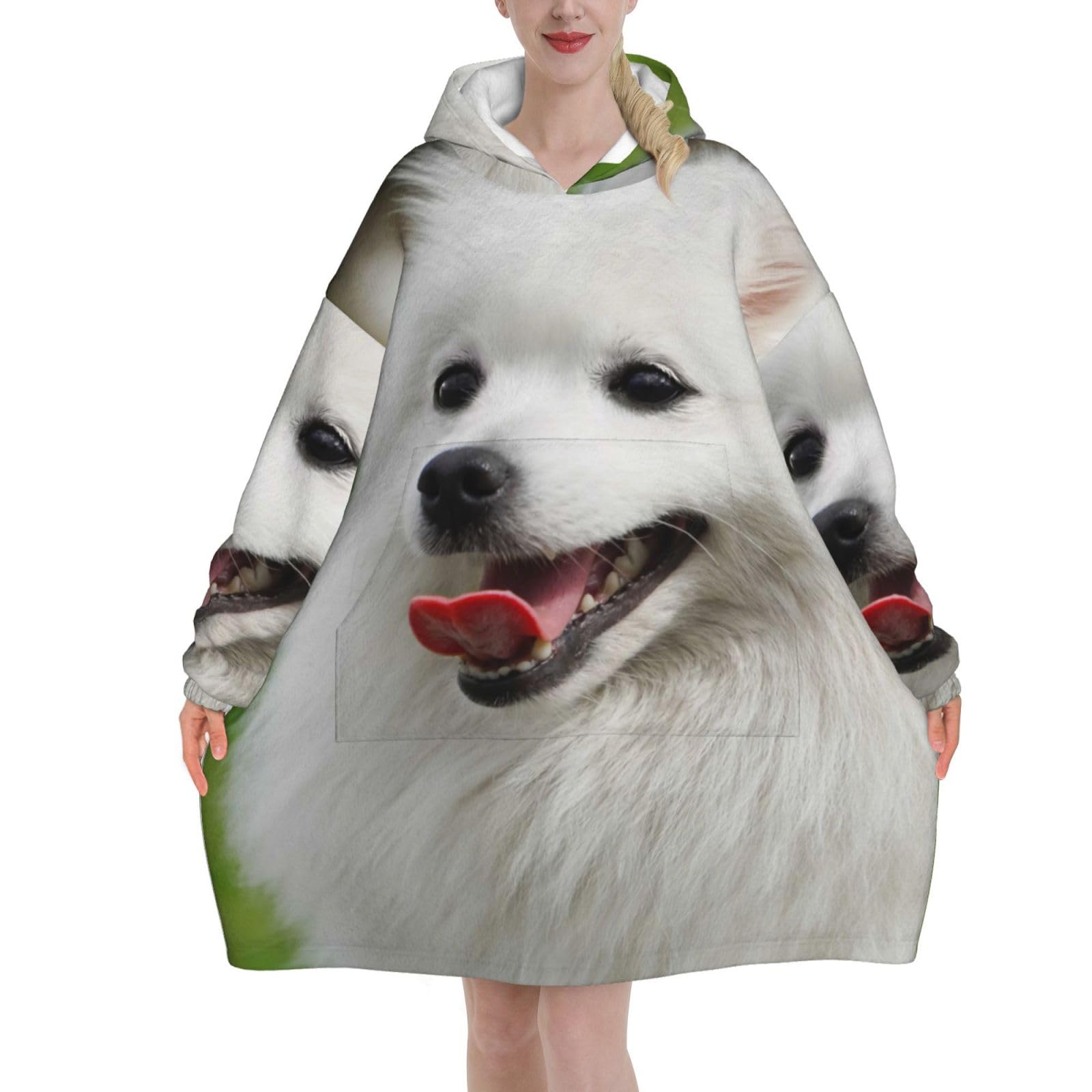 Japanese Spitz Pet Dog,Women's Oversized Wearable Blanket Hoodie, Sweatshirt,Flannel Pullover Blanket