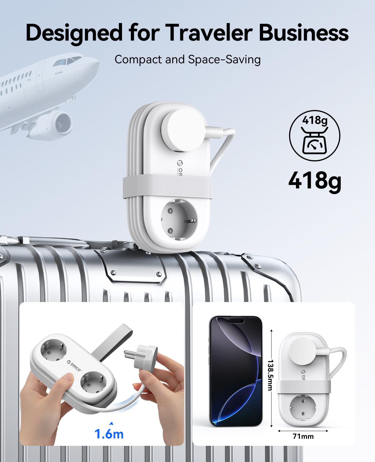 ORICO 65W GAN Enchufe Múltiple de Viaje con USB-C, 6-en-1 Regleta de Carga Rápida con 4 USB, Regleta con Cable de 1.6m Retráctil para MacBook, iPad, Móvil, Viajes - AP3 Blanco