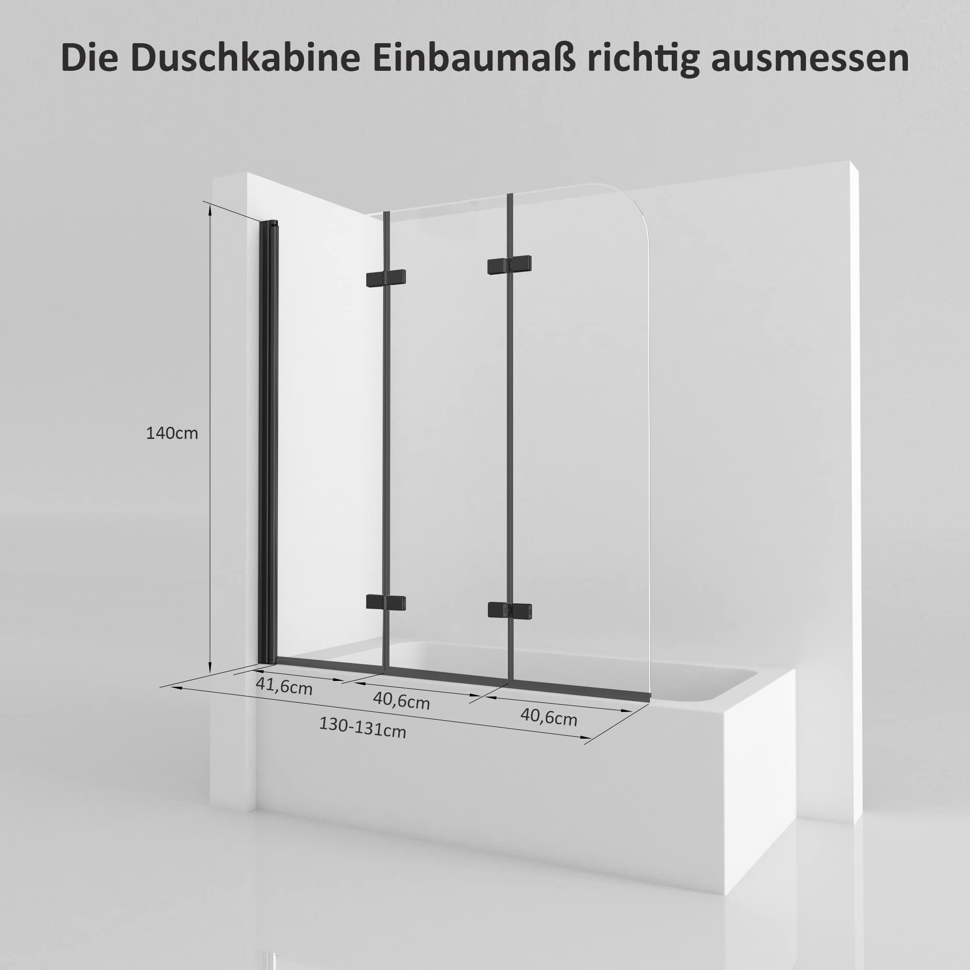 Duschwand für Badewanne 3-teilig Faltbar 130x140cm Schwarz Badewannenaufsatz, Klappbar Glas Duschabtrennung für Badewanne aus 6mm Sicherheitsglas (ESG) mit Nano Beschichtung