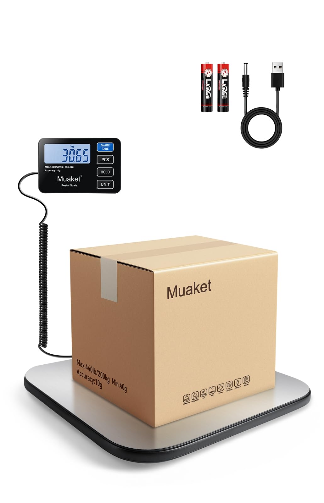 Bascula Industrial 200kg/10g, Báscula Postal Digital con Función de Retención/Tara, Bascula Maletas Viaje con Plataformas de Acero Inoxidable, Báscula para Envíos para Paquetes, Equipaje e Almacén