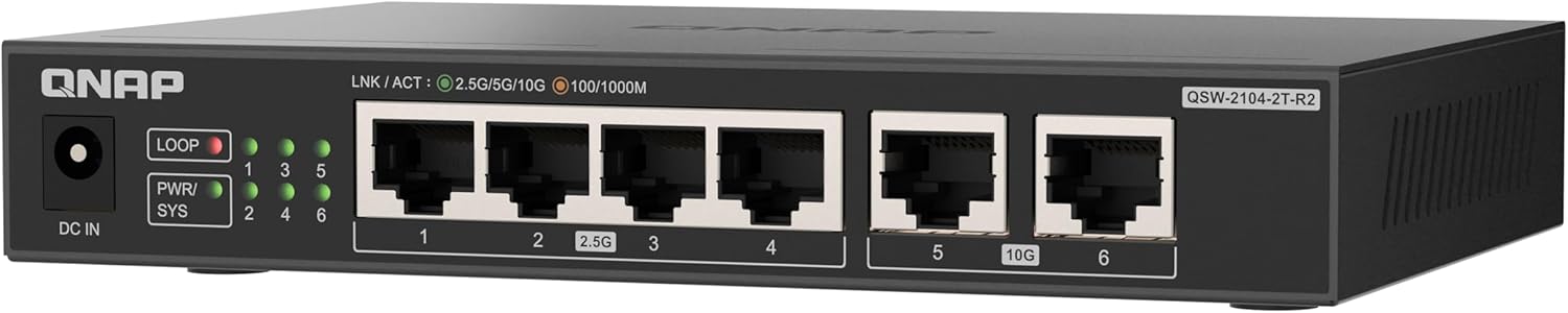 QNAP Switch QSW-2104-2T-R2 | 2X 10GbE, 4X 2.5GbE, Plug & Play Unmanaged, Fanless