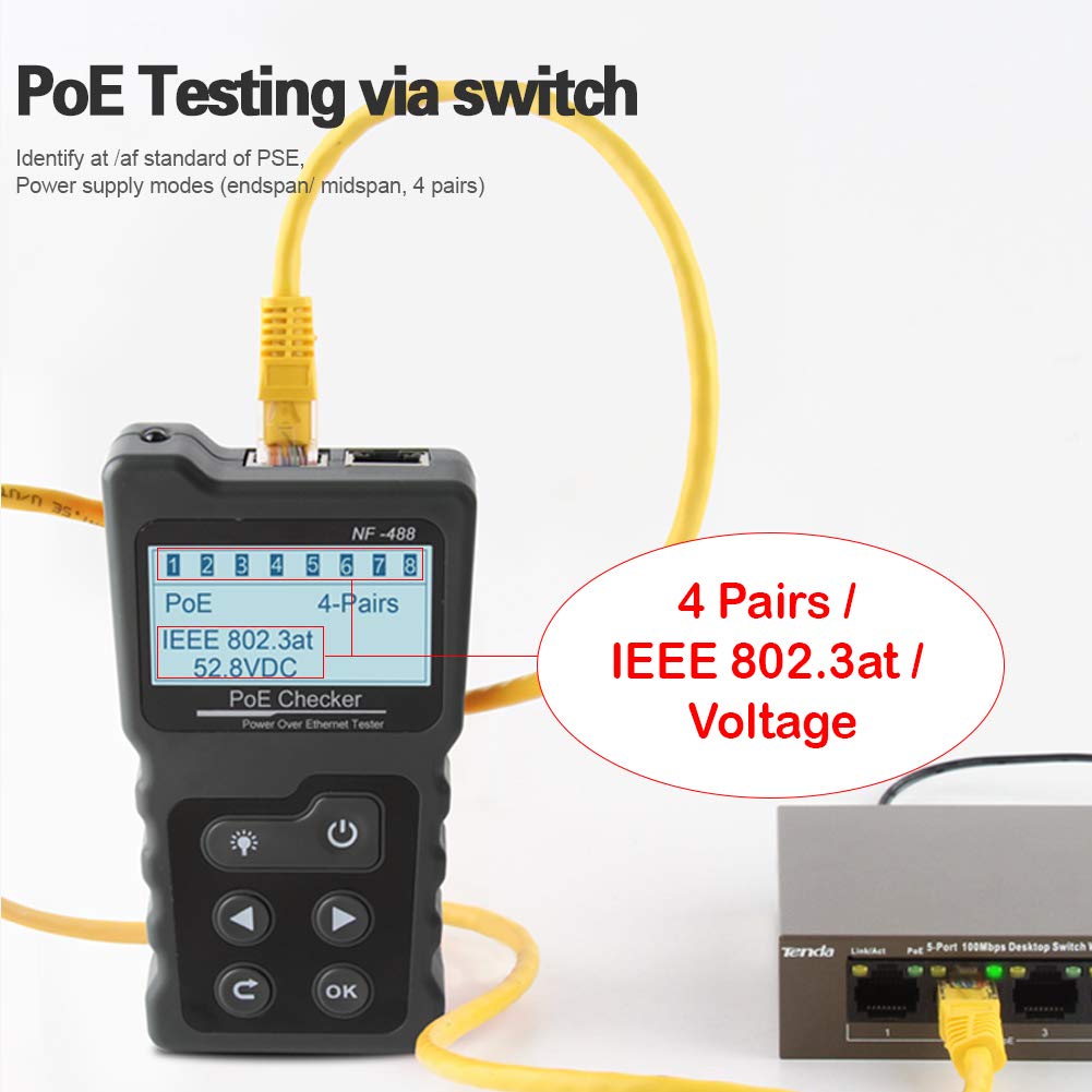 KALEA-INFORMATIQUE Tester kabli sieciowych RJ45 RJ11: mapowanie kabli, test PoE (obecność, prąd, napięcie, moc), test poboru mocy