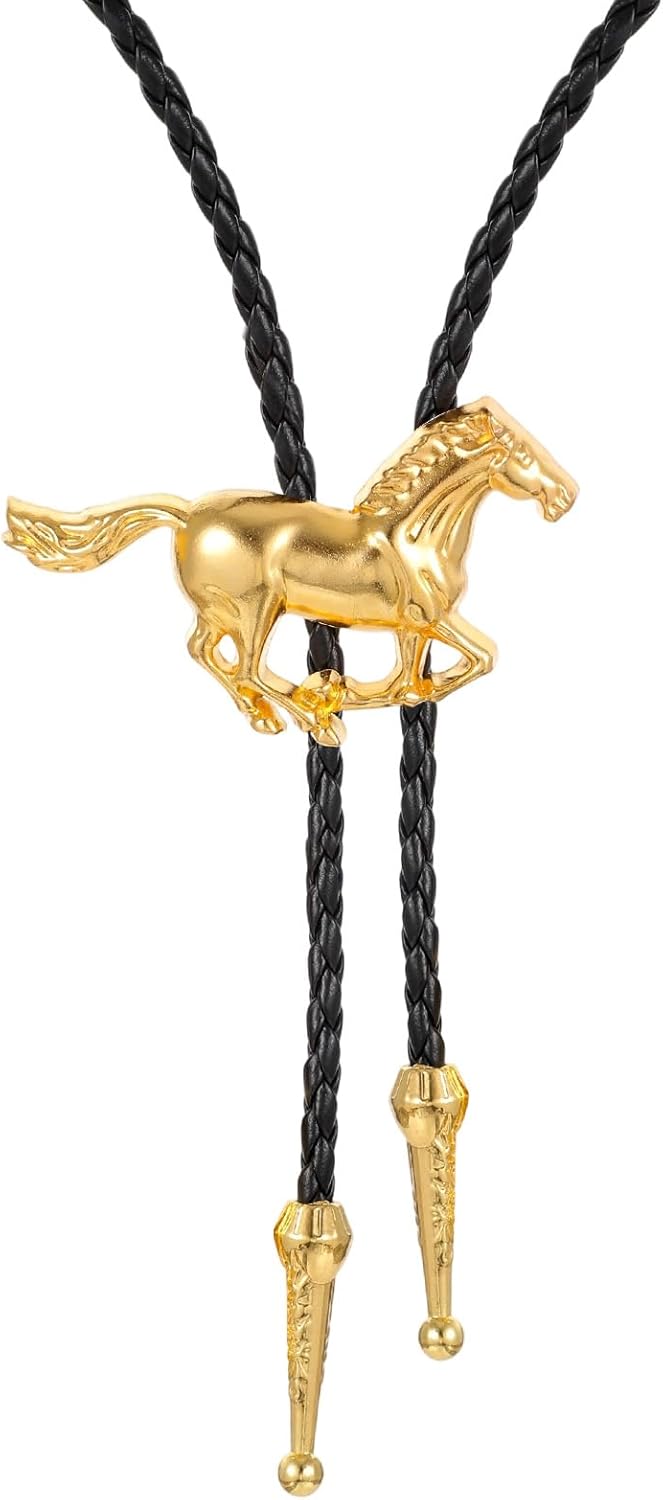 ElevateTech Bolo Stropdas voor heren, Lariat ketting, bruin, leer, rodeo- hanger voor modieuze halsketting, rond, westerse cowboy, Goud, Eén maat