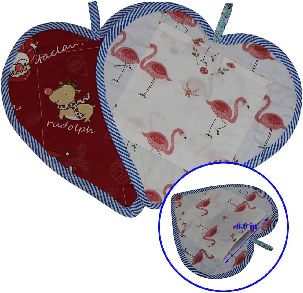 4x Cotton Pot Holders for Kitchen,100% Cotton Fabric Patchwork Table Mats Set, Heat Resistant Pads with Pocket, Hanging Loop, Heart-shaped Potholder Teapot Mat Washable (10.5 x 10.5 Inch, 4PCS)