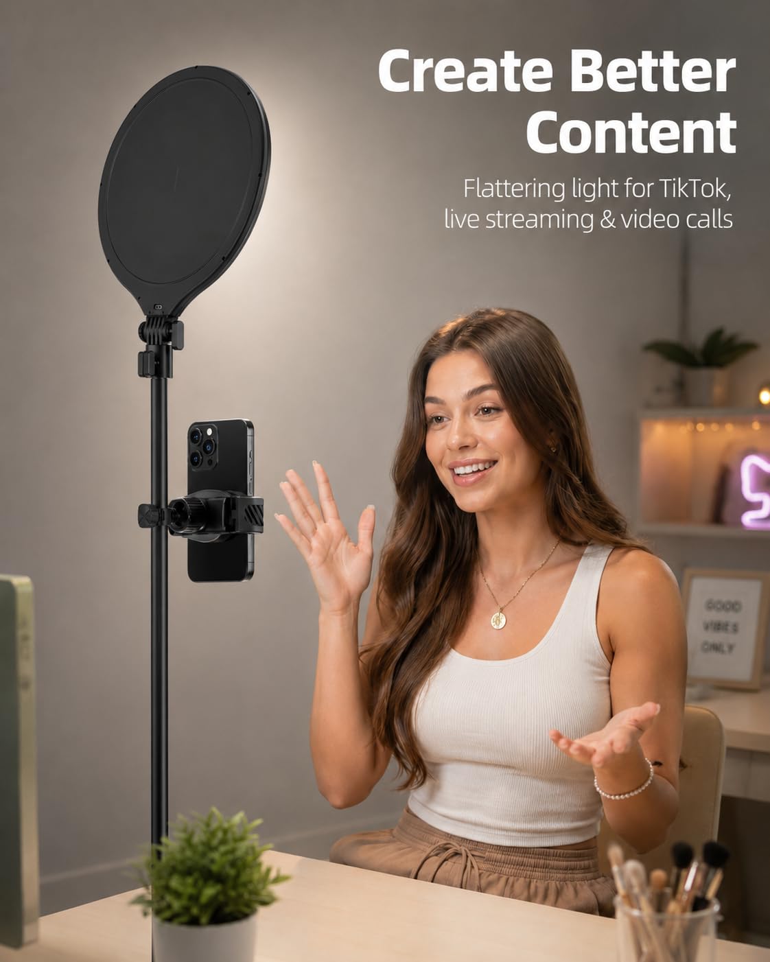 UBeesize Anello luminoso LED per selfie da 10 pollici con supporto treppiede regolabile da 150 cm, supporto per telefono e telecomando per iPhone TikTok, YouTube Live, videoconferenze e trucco