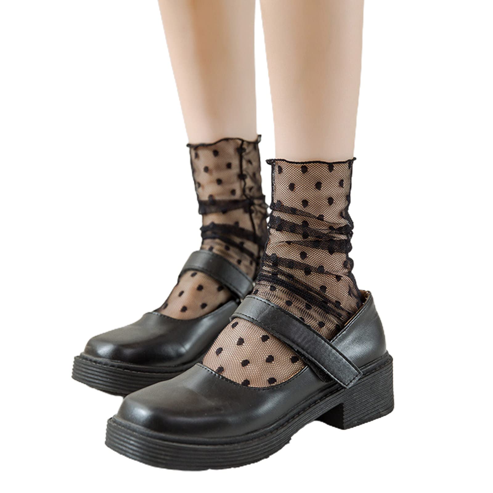QUEENYARD Women Thin Lace Ankle Socks Vintage Dot Pattern Mesh Hosiery
