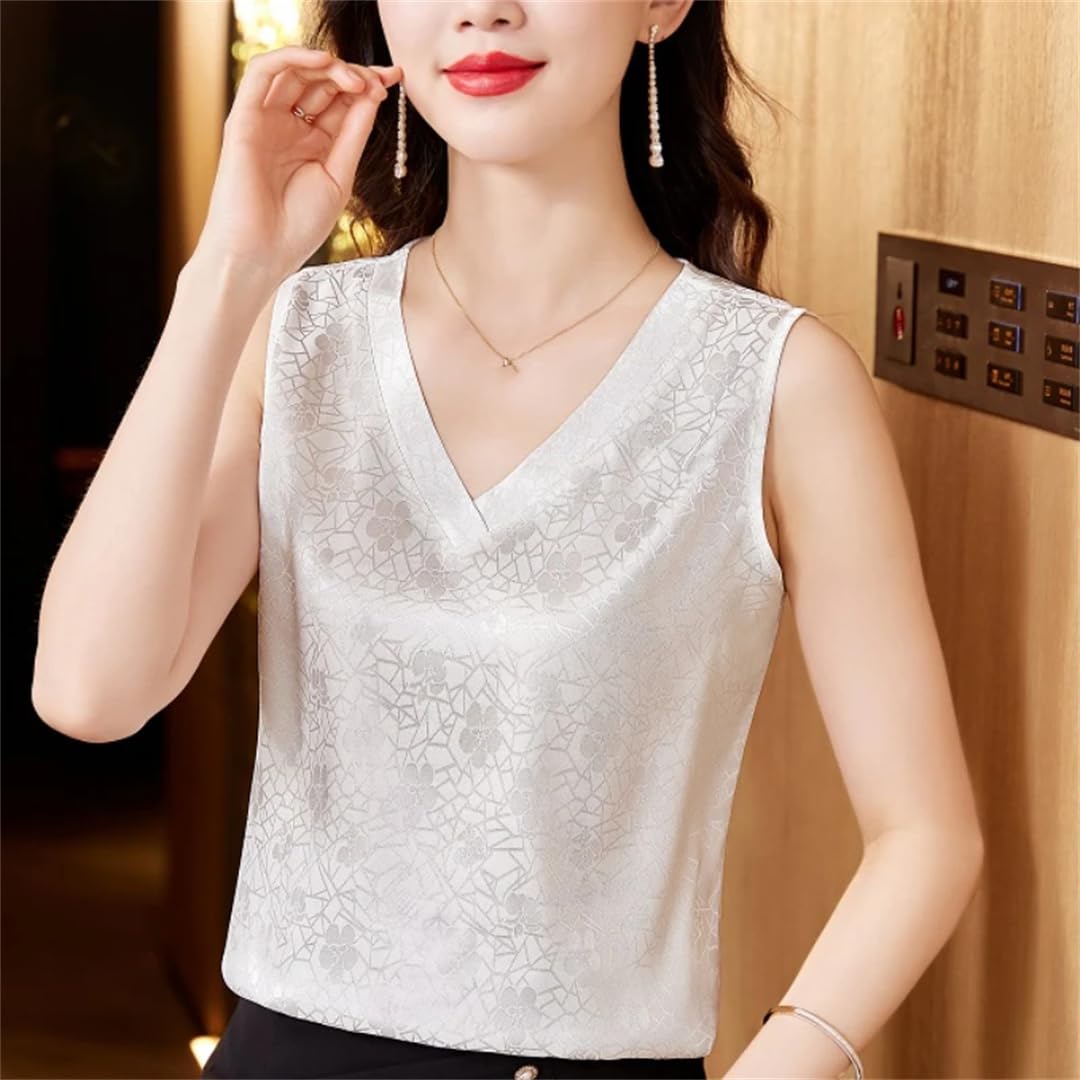 Camicetta da donna estiva senza maniche con stampa floreale in raso con scollo a V tinta unita casual