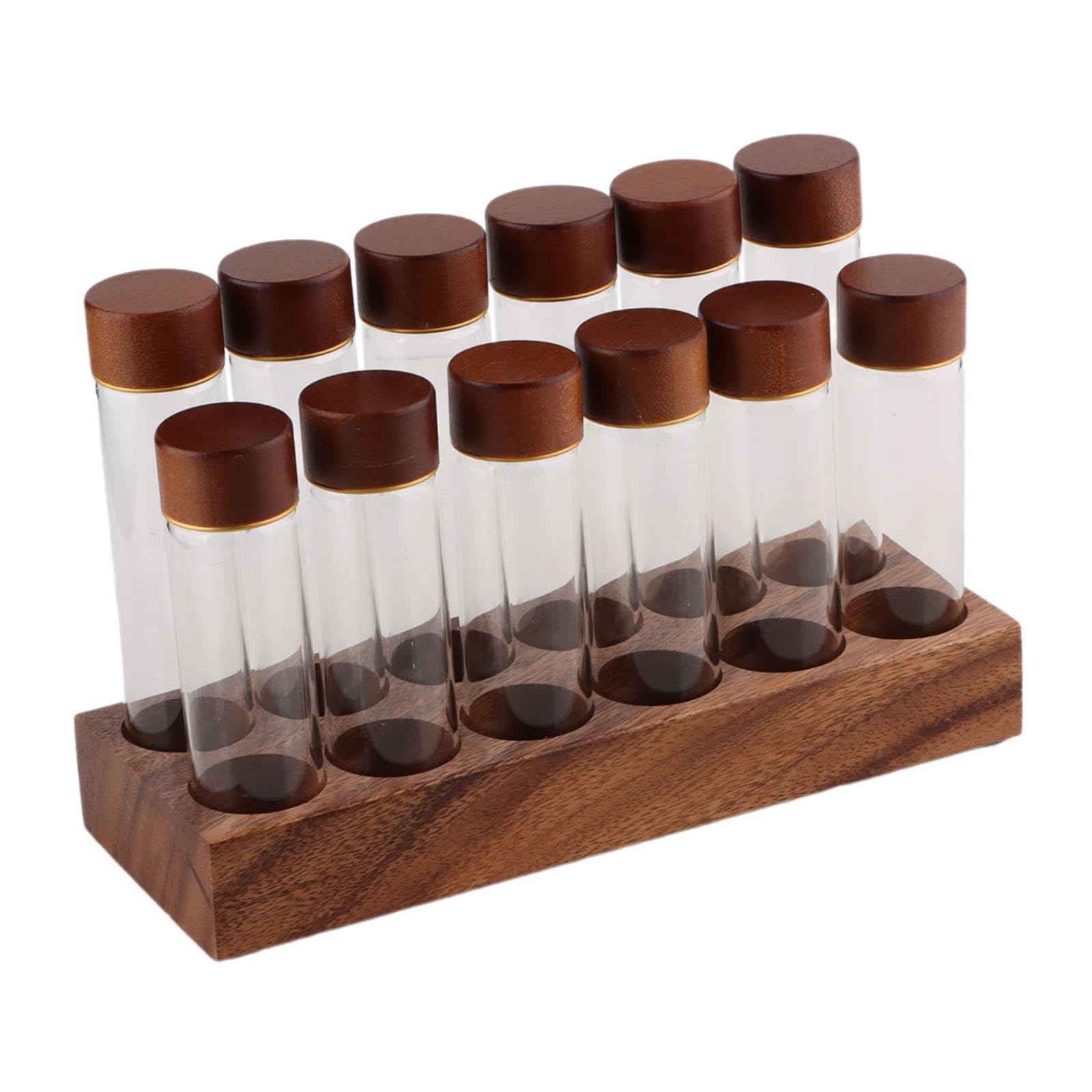 Recipientes de vidrio sellados de borosilicato premium y expositor de madera de 12 hoyos