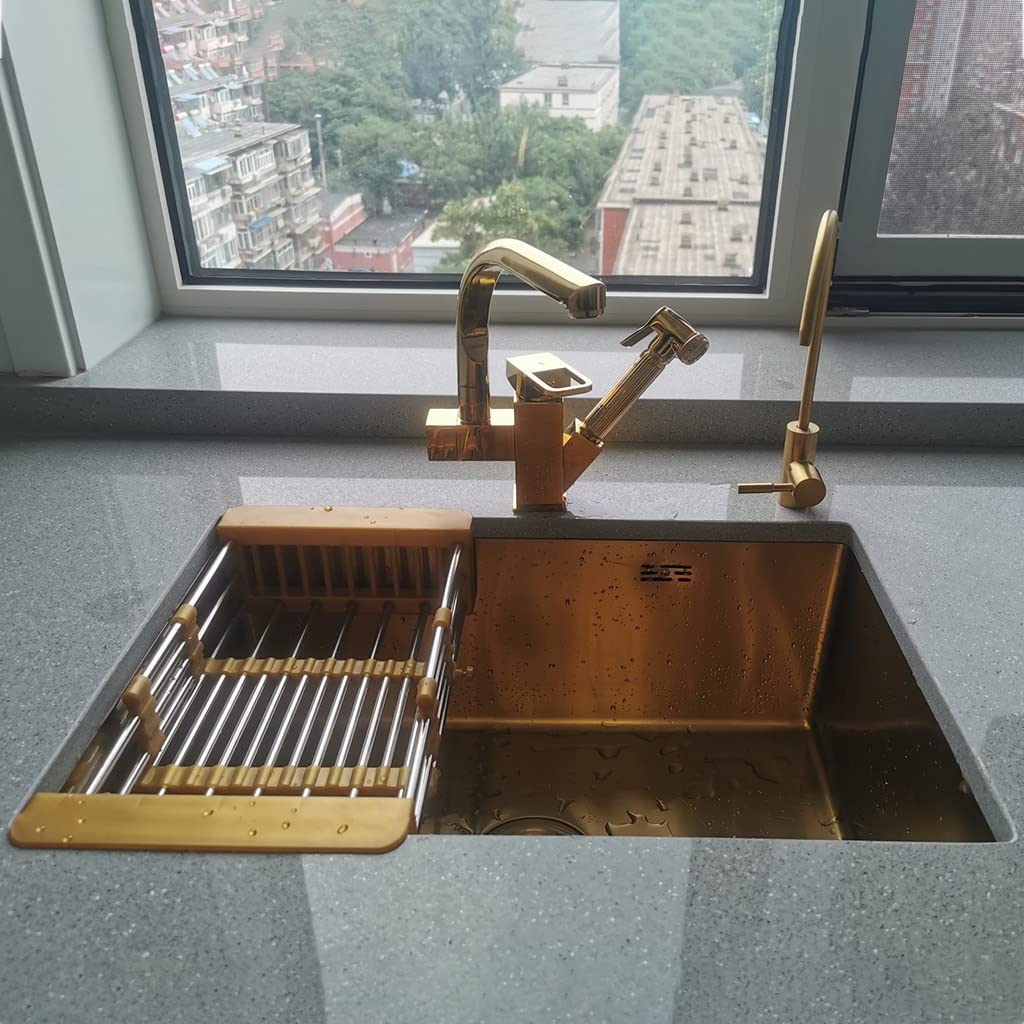 Lavello per Camper, Vasca Singola, in Acciaio Inox 304, lavello da Bar, Montaggio sopra o sottopiano, con Rubinetto a Leva e cestello di Scarico (Oro 75x45x21 cm)