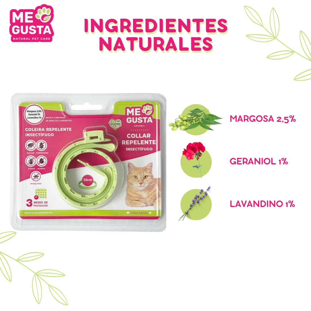 ME GUSTA Collar Repelente para Gatos con 3 Activos Naturales Margosa, Geraniol Y Lavandino | Repele Todo Tipo de Insectos | Fragancia Cítrica | Estuche | 30 cm