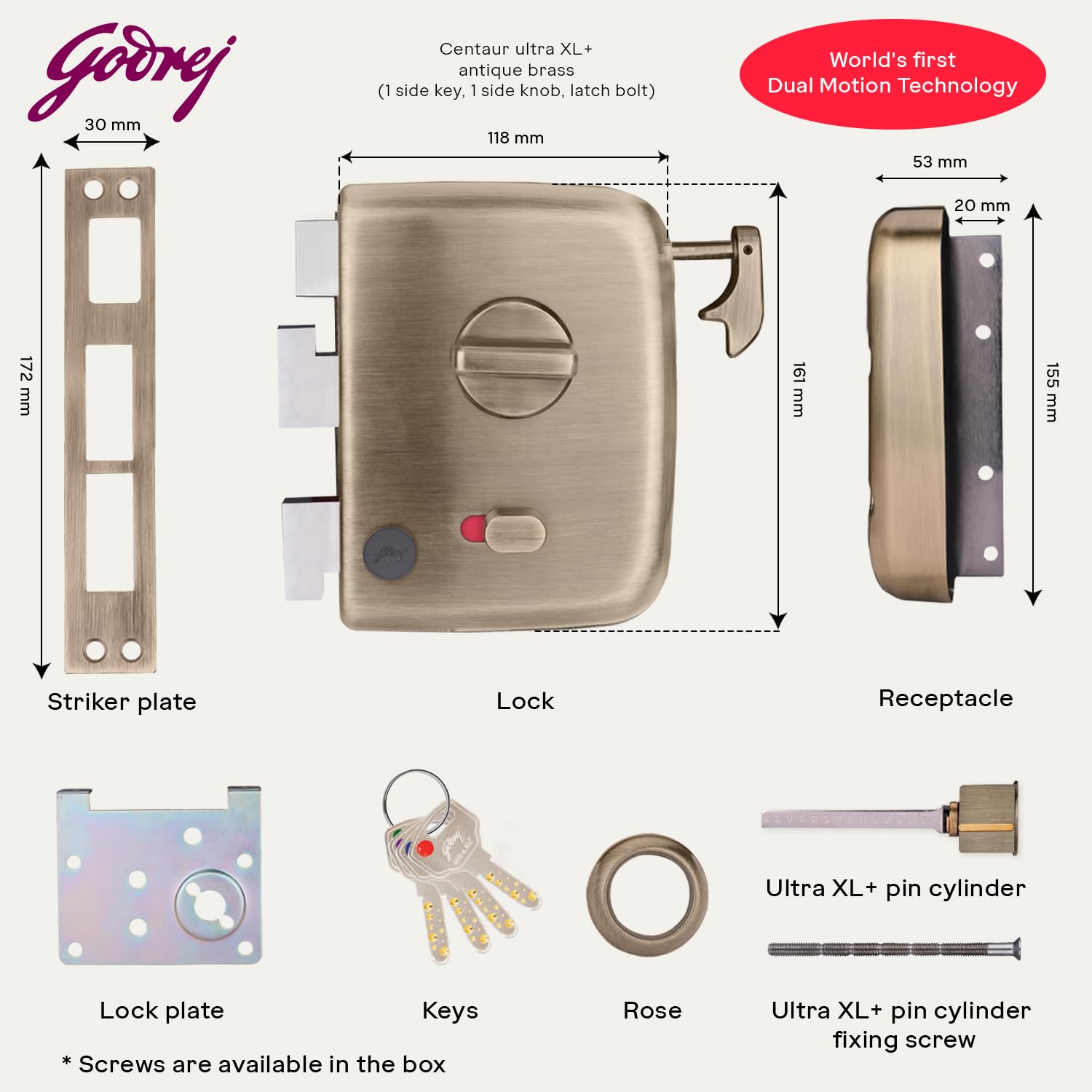 Godrej Centaur Rim Lock I World's 1st Dual Motion Lock | Ultra XL+ Technology | 1CK Latch Lock for Main & Safety Door I Suitable for Single & Double Wooden Door I Brass Finish | 5 Yeras Warranty — Amazon image 4