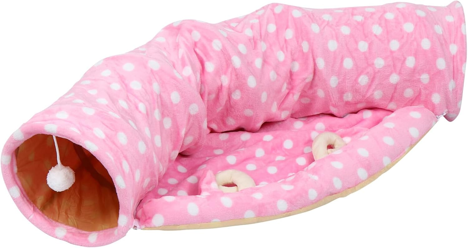 Foldable Pink Cat Play Tunnel with Crinkle Sound, Semi-arc Pet Cat Tent Tunnel for Indoor Play and Exercise