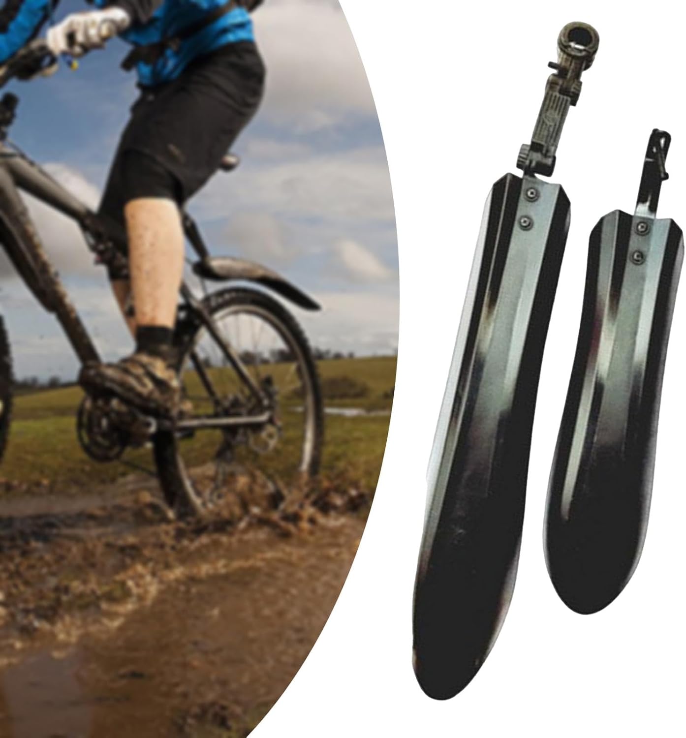 Cyclist riding a mountain bike with Generic Mudguards through a muddy trail.