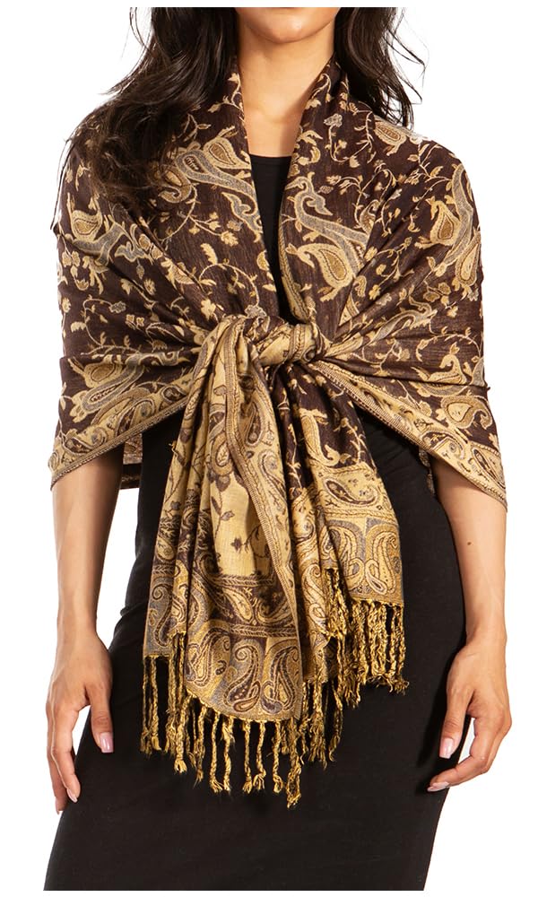 Sakkas Women's Black / Gold Soft Silky Double Layer Jacquard Paisley Pashmina Shawl/Wrap/Scarf - Black/Gold