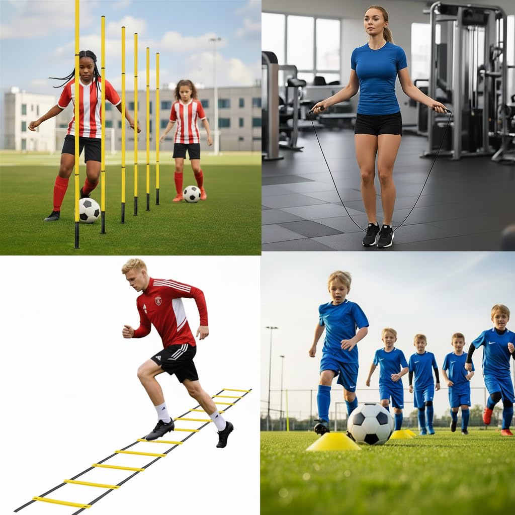 Fußball-Agility-Trainingsausrüstung, 6 verstellbare Fußball-Trainings-Agility-Stöcke, 1 Geschwindigkeitsleiter, 10 Fußball-Agility-Kegel für Training, 1 Springseil + Aufbewahrungstasche für