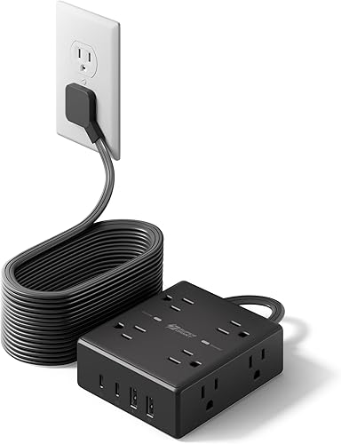 Miniatura 12 de SUPERDANNY - Regleta de alimentación de carga rápida de 35 W, cable de extensión de enchufe plano de 6 pies (13A/1625W) con 8 tomas anchas y 4 Negro