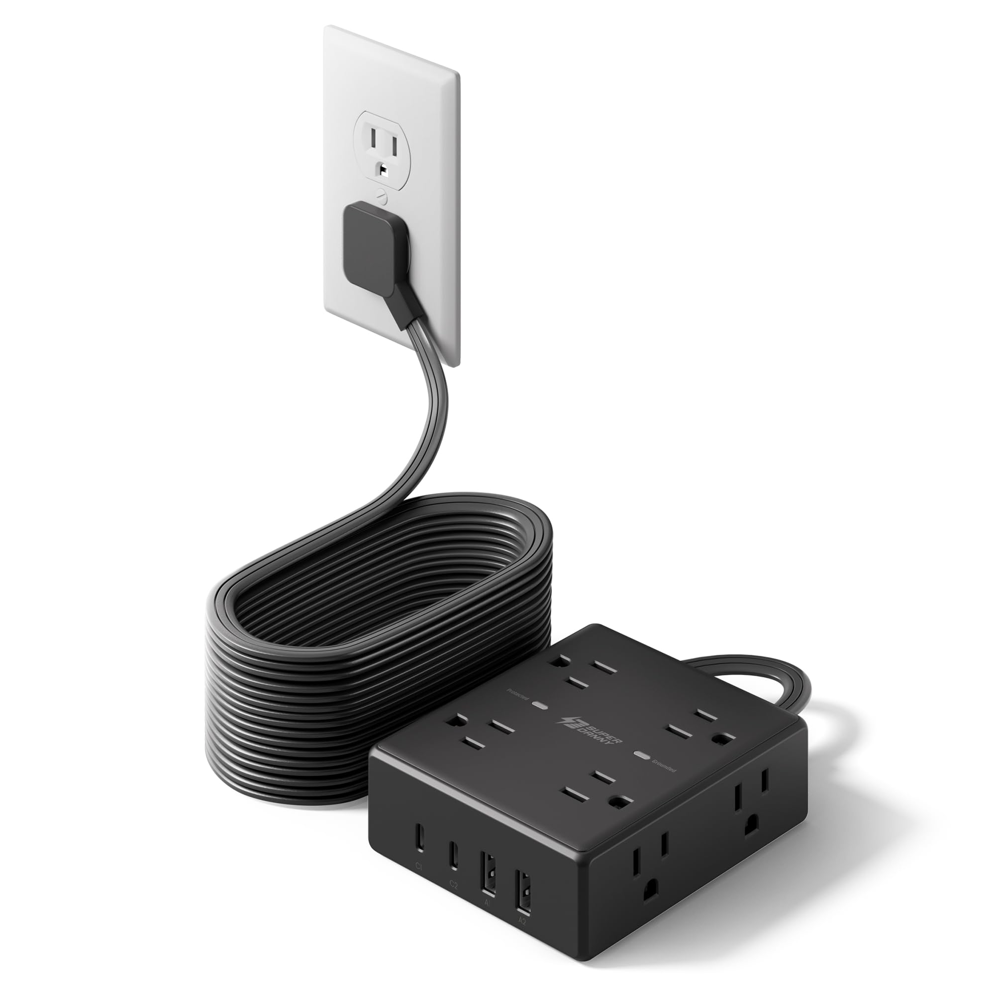 20Ft Long Extension Cord, Flat Plug Power Strip Surge Protector, 8 Outlet 4 USB Ports (2 USB C), Wall Mountable, Desk Charging Station for Home Office