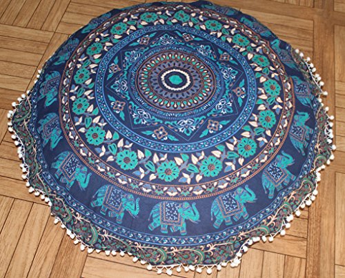 Bohemian Indian Decorative Floor Pillow Boho Mandala Hippie Cushion Seat Ottoman Poufs, Pom Pom Pillow Cases (Blue Elephant) #TOP9