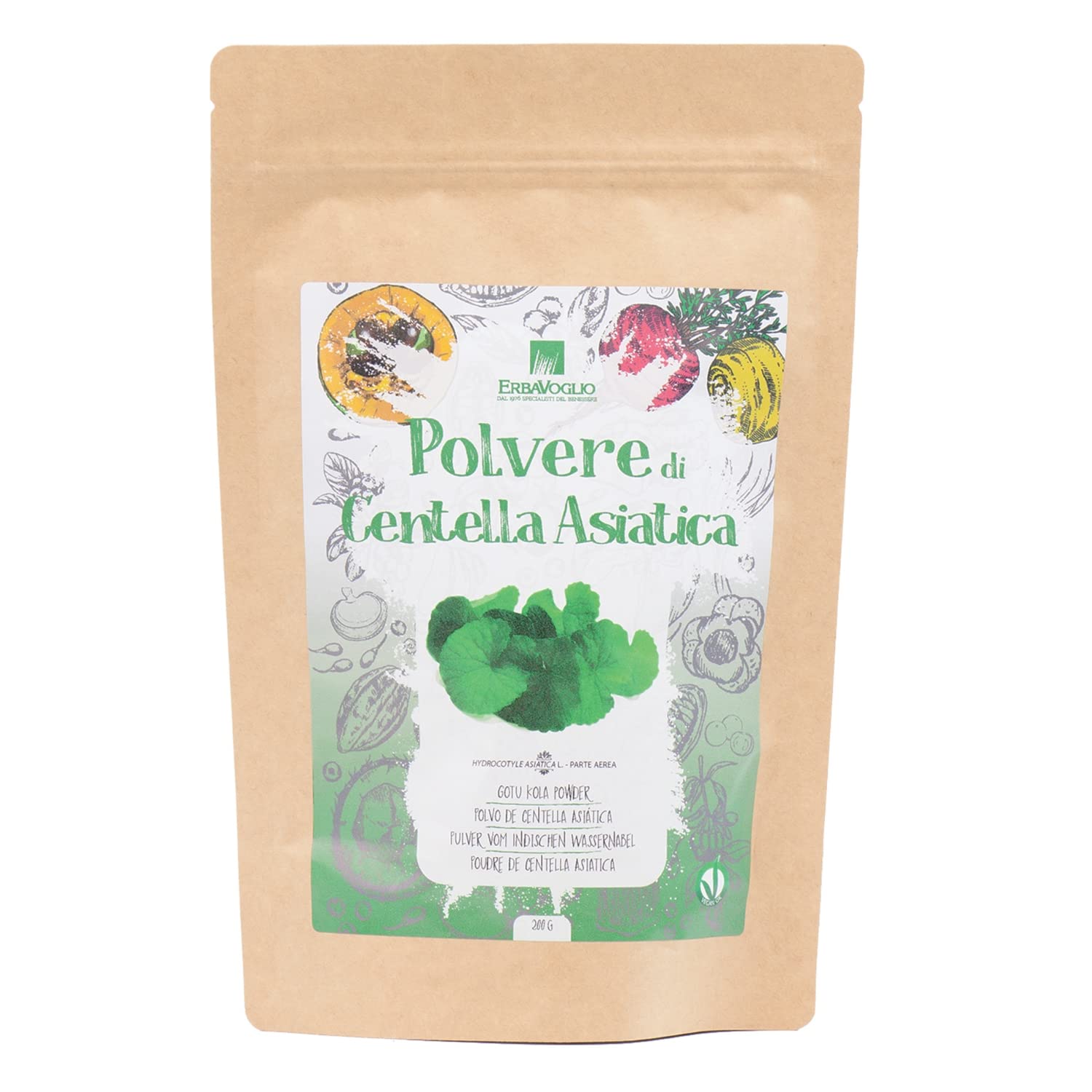 Erbavoglio Polvere di Centella Asiatica - 200 g - Alimento convenzionale - Supporta la salute della pelle, favorisce la circolazione e aiuta a ridurre gli effetti dello stress.