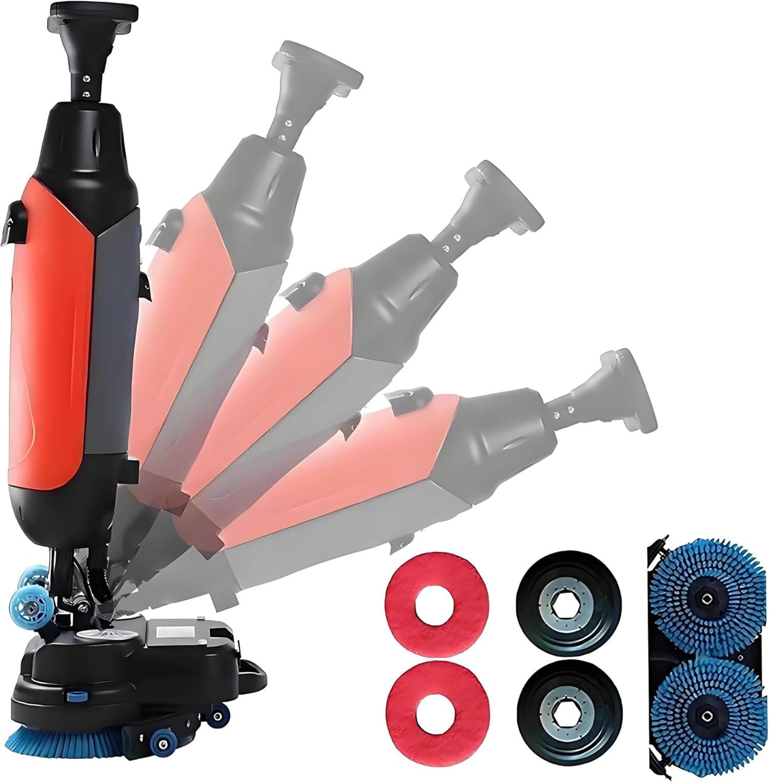 Mini Floor Machine for Efficient Cleaning, 17" Walk-Behind Commercial Floor Scrubber Buffer Polisher Machine, Dual Brushes, for Warehouses, Retail Stores Red