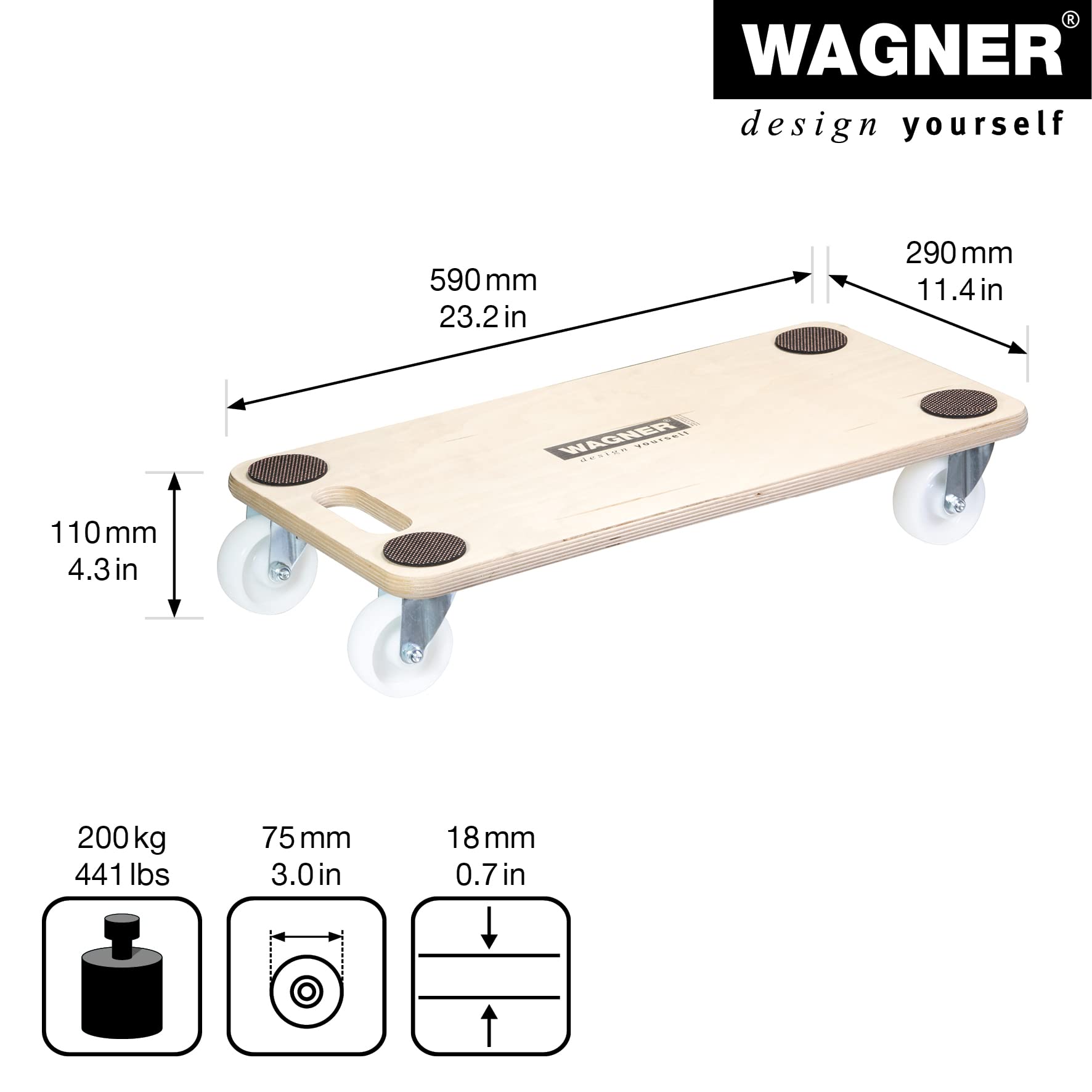 WAGNER Carrello da trasporto MM 1126 I 59 x 29 x 11 cm - portata 200 kg - per carichi pesanti e mobili I ruote morbide I maniglia di trasporto I punti antiscivolo I certificato FSC® - 20112601