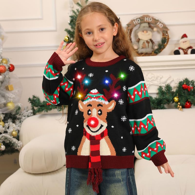 Kouric Jersey Navideño Niño con Luces,Jersey Navidad Niño/Niña con Estampado de Reno en la Nieve,Ugly Christmas Sweater,Jerseys Navideños con Luces,Suéter Navideño Gracioso,Christmas Jumper