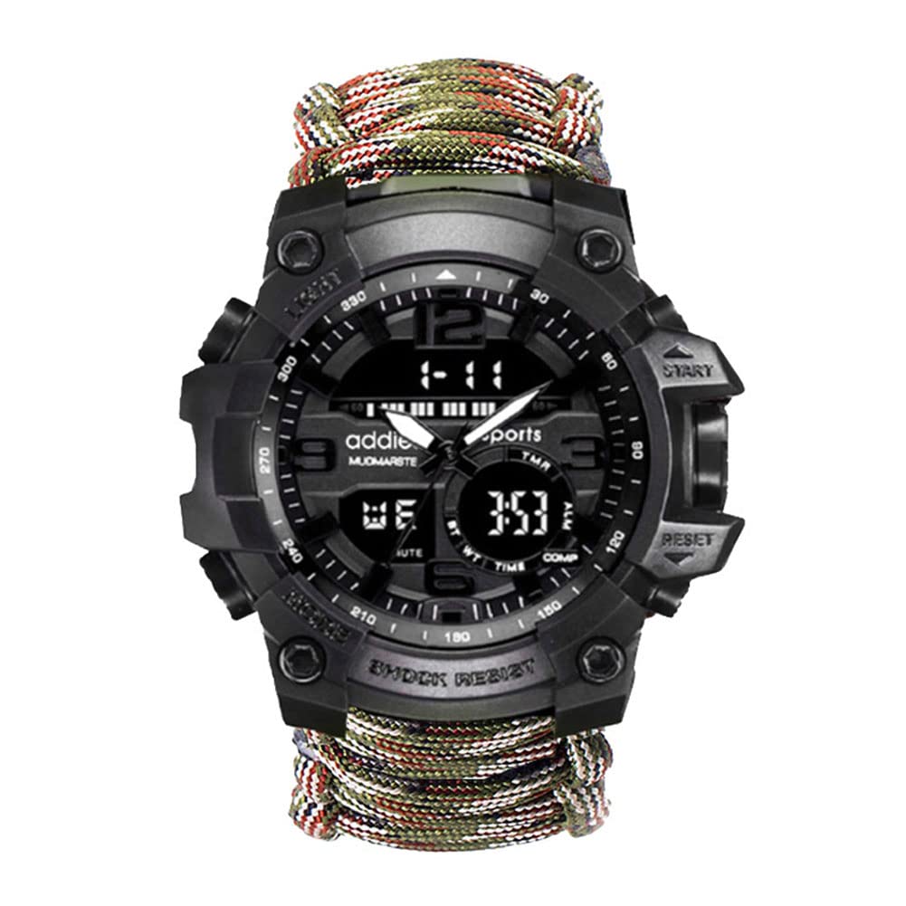 Survival zegarek na rękę, męski, damski, taktyczny, z paracord, gwizdkiem, krzesiwo, skrobakiem, kompasem i termometrem, 6 w 1, wielofunkcyjny zegarek outdoorowy, tęcza, pasek