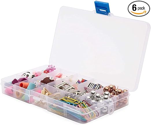 Clear Plastic Organizer Cases - 6-Pack Bead Organizer & Jewelry Storage Box - 15 Adjustable Compartments Each - 6.7x0.8x4 Tackle Box