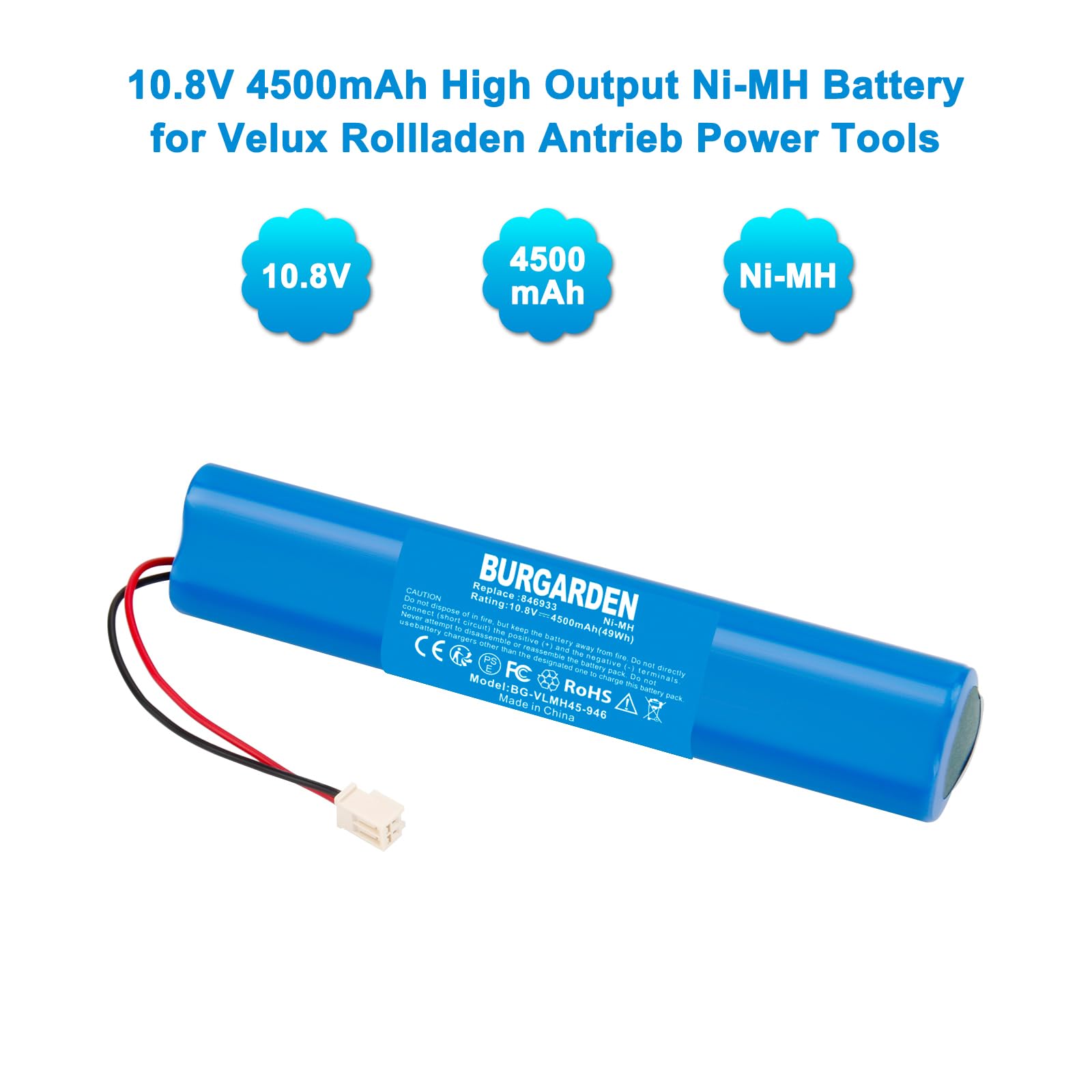 10,8V 4500mAh Ni-MH Batteries pour Velux Rollladen Antrieb 946933 | SSL Solar Rollladen, SSL Solar Rollladen Motor mit Stecker Remplace 846933, 946930, 946933
