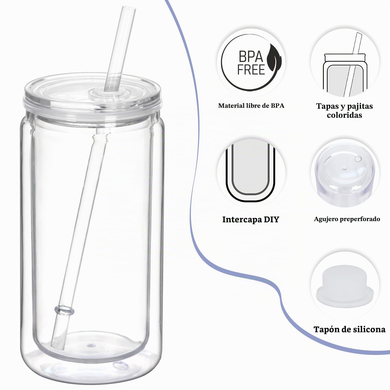 Paquete de 12 Vasos Globo de Nieve con Agujero Pretaladrado, 473 ml Lata de Plástico de Doble Pared con Tapa y Pajita, Taza de Frasco Mason de Plástico para Globo de Nieve con Purpurina DIY
