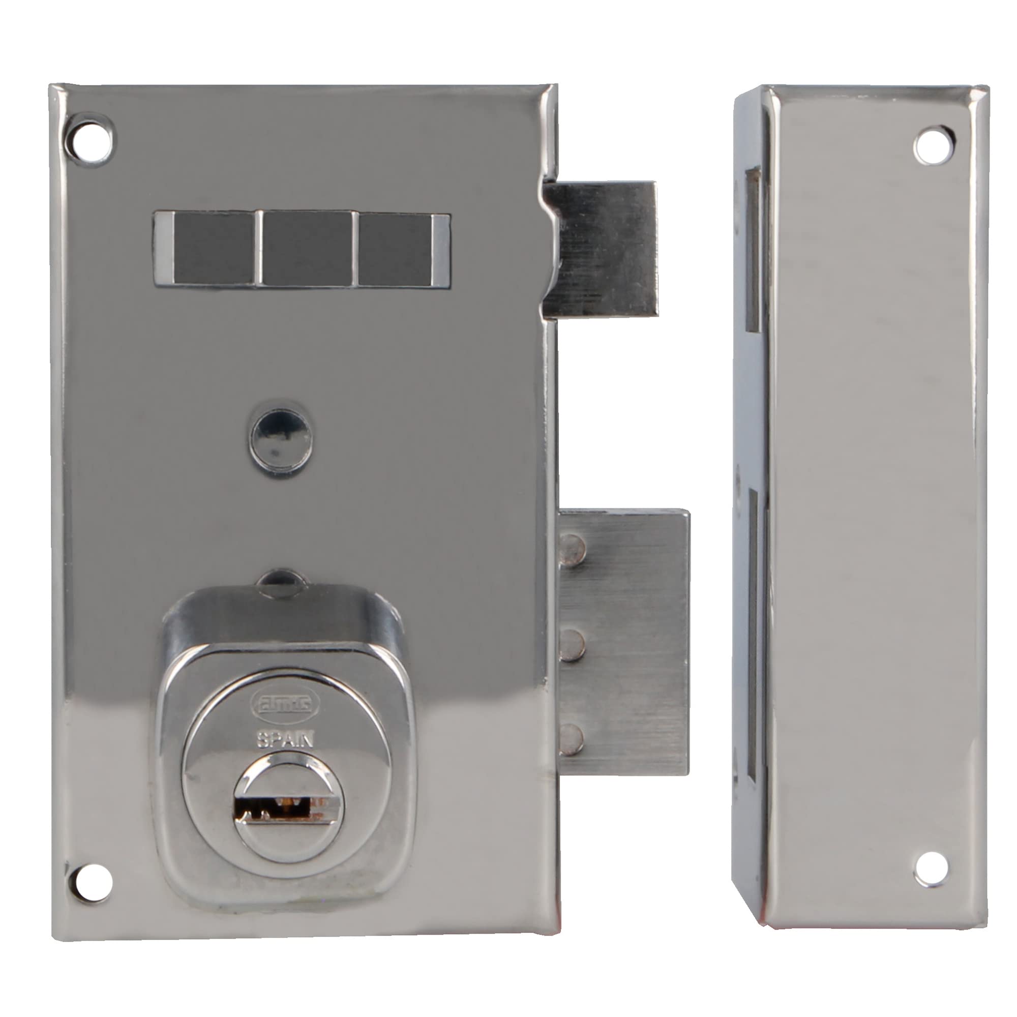 Amig - Cerradura de Sobreponer de Derecha con Palanca de Cierre, Lengüeta y Tirador para Puertas de Madera Mod. 75, 67 x 112 mm, Cilindro Redondo de Seguridad, Acero Plateado