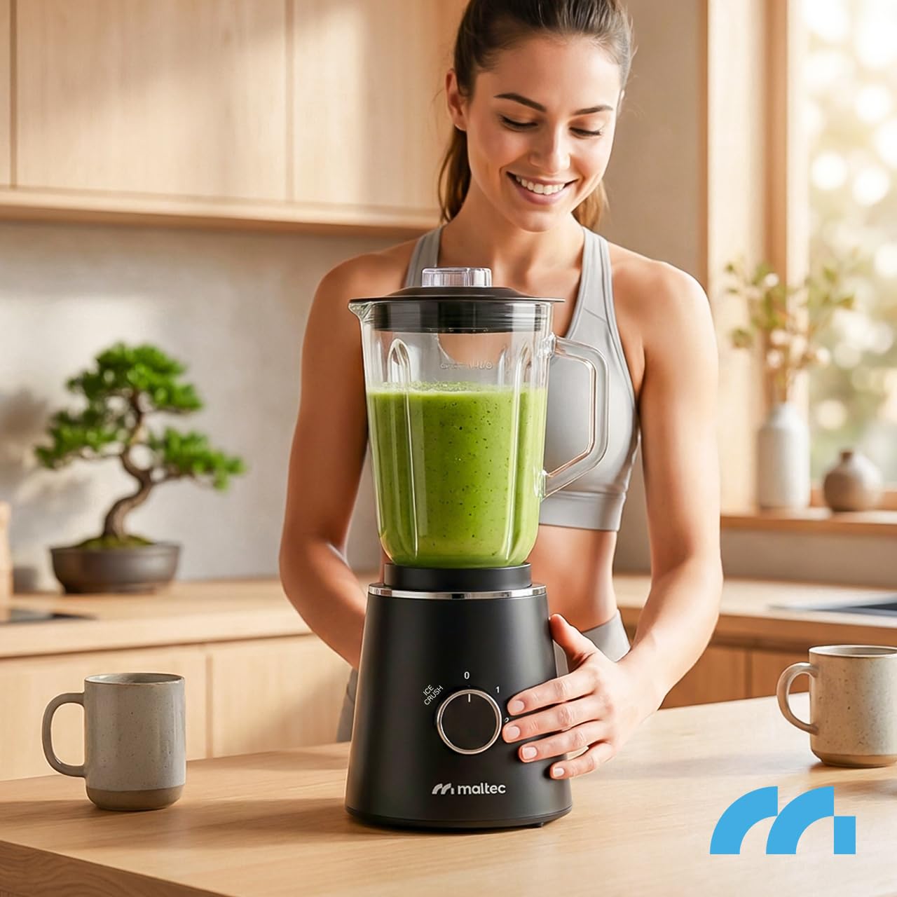 MalTec Standmixer Glas 1,5 L mit 500 ml To-Go-Flasche, 1000 W Motor, 6 Edelstahlklingen, 2 Geschwindigkeiten und Pulsfunktion, rutschfeste Füße, BPA-frei, für Smoothies, Suppen, Proteinshakes