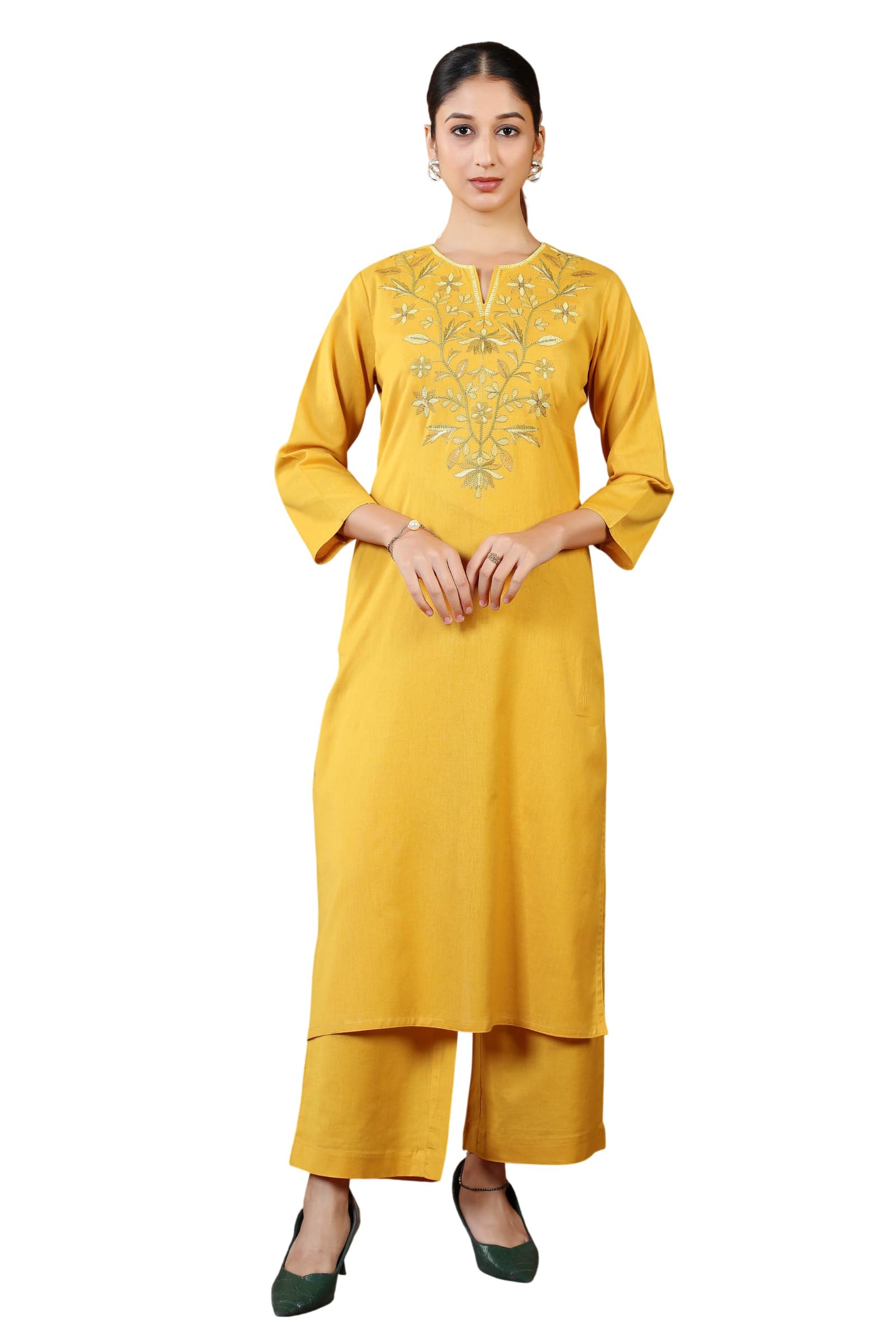 Mustard Solid Printed Pure Cotton Embroidered Co-Ord Set-XL-image-2
