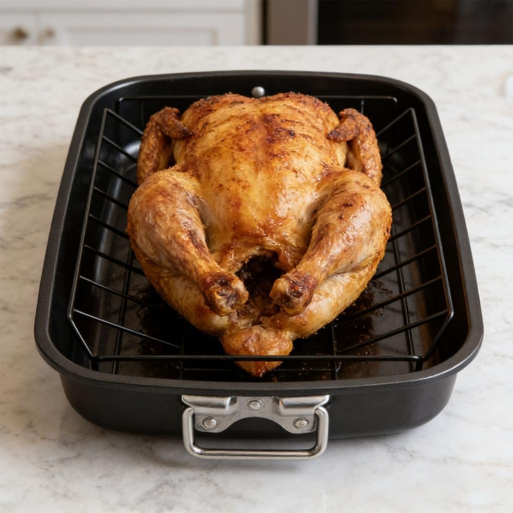 17Inch Turkey Roasting Pan Includes V-Shape Grill Rack Carbon Steel Roasting Tray Bakeware For Thanksgiving Christmas