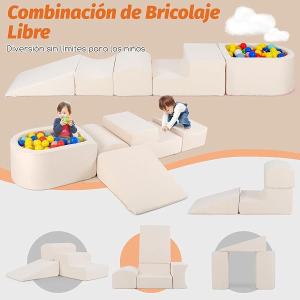 COSTWAY Juego de Escalada y Rampa de 5 Piezas, Bloque de Escalada con Piscina de Pelota Infantil, Funda Lavable a Máquina con Cremallera, Bloques de Construcción Creativos,Sin Pelotas de Mar (Beige) - 2