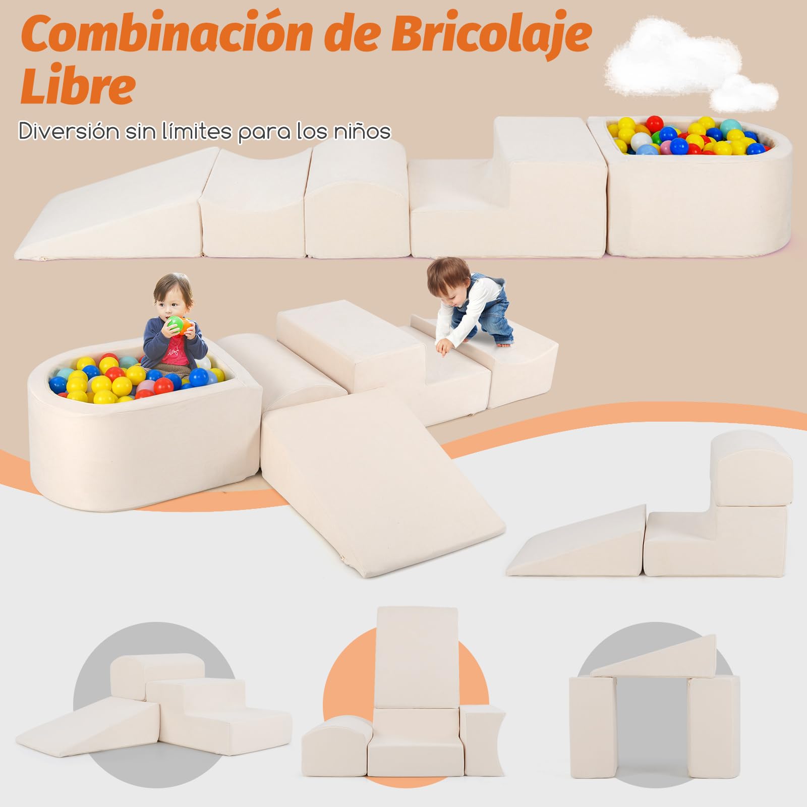 COSTWAY Juego de Escalada y Rampa de 5 Piezas, Bloque de Escalada con Piscina de Pelota Infantil, Funda Lavable a Máquina con Cremallera, Bloques de Construcción Creativos,Sin Pelotas de Mar (Beige) — view 2