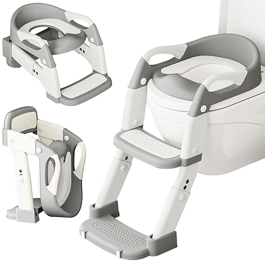 DEEKI 3 in 1 Potty Training Seat with Step Stool Ladder Foldable Anti-slip Toilet Chair Potty Seat for Toddlers Kids Boys Girls(Grey)