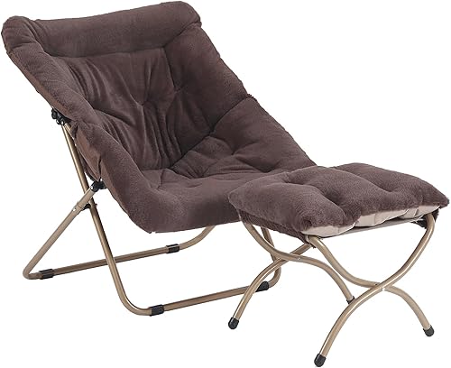 Furlide Silla platillo con otomana, silla plegable de piel sintética de gran tamaño, silla plegable con marco de metal para dormitorio, sala de