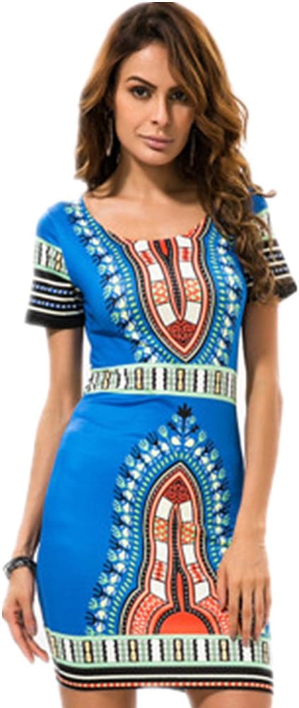 Women Bohemian V Neck Vintage Printed Ethnic Style Summer Shift Dress (m, Blue)
