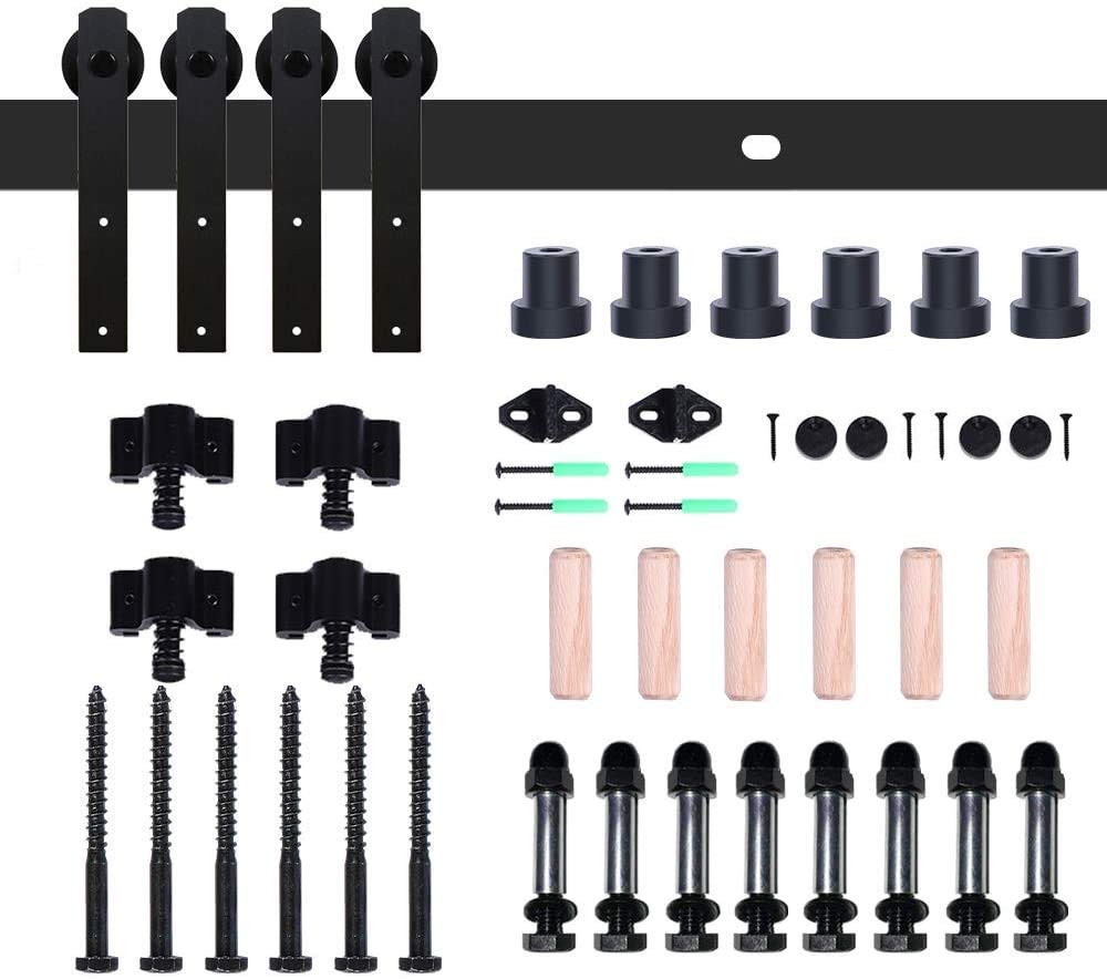 Kit de herrajes para puerta corrediza de madera de granero negro de 228 cm para puerta doble, funcionamiento suave y diseño para una fácil instalación y uso duradero