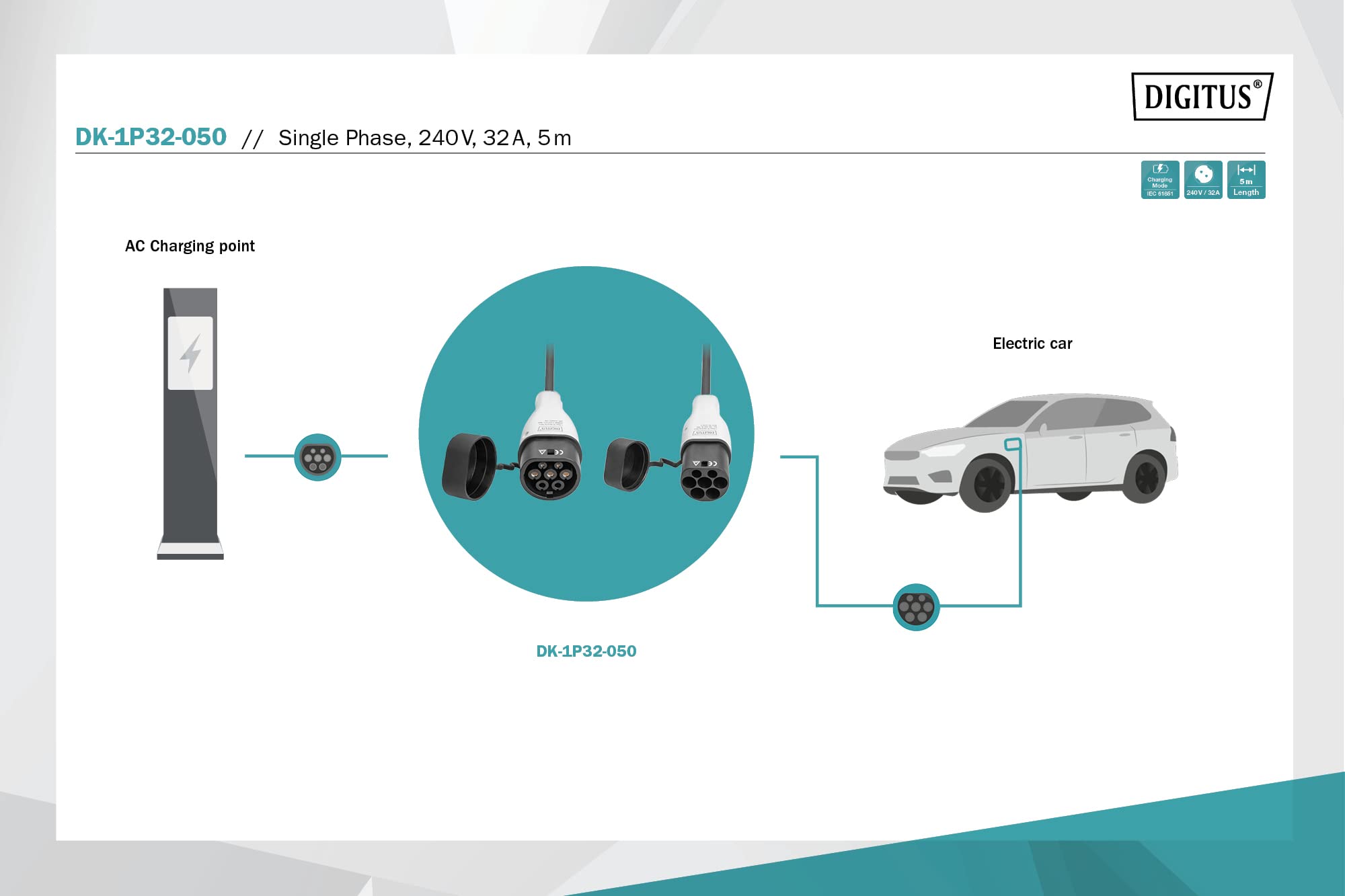 DIGITUS Kabel do ładowania Mode 3 dla samochodów elektrycznych i PHEV - 5 m - Typ 2-1-fazowy - 32 A - 7,4 kW - Czarny/szary
