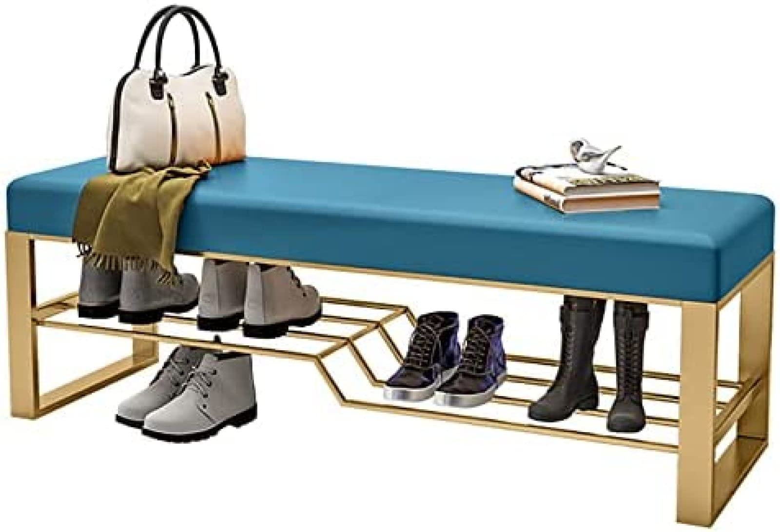 Banc à chaussures bleu 100cm rembourré avec étagère en métal