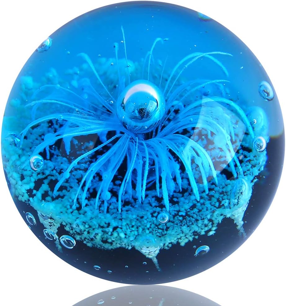 EUSTUMA Hand Blown Glass Blue Flower Sphere Figurine,Paperweight Glass Ball,Sea Plant Ornament for Fish Tank Aquarium,Sea Plant Collection for Birthday Gift
