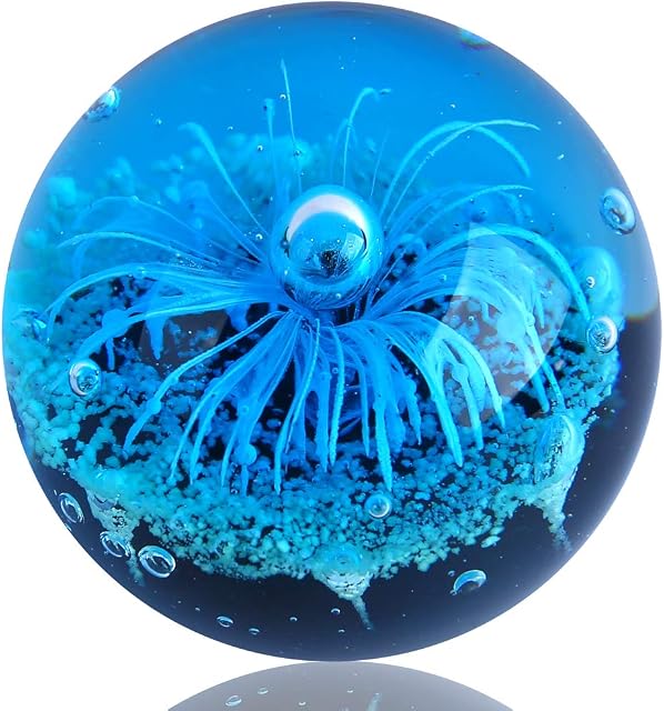 EUSTUMA Hand Blown Glass Blue Flower Sphere Figurine,Paperweight Glass Ball,Sea Plant Ornament for Fish Tank Aquarium,Sea Plant Collection for Birthday Gift,Glass Paperweight